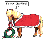 Weihnachtsgrafik: Ein Pony mit roter Winterdecke hat einen Adventskranz vom Tisch gezogen und sagt mit vollem Maul Mewwy Chwiffmaff
