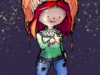 Mädchen mit riesiger Mütze in der Winternacht hält einen leuchtenden Stern in der Hand