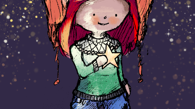 Mädchen mit riesiger Mütze in der Winternacht hält einen leuchtenden Stern in der Hand
