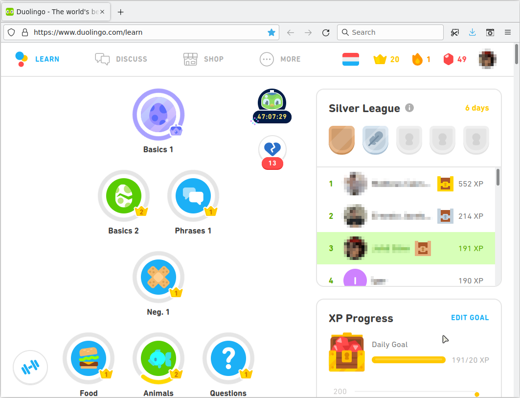 Screenshot von der Sprachlernwebsite Duolingo