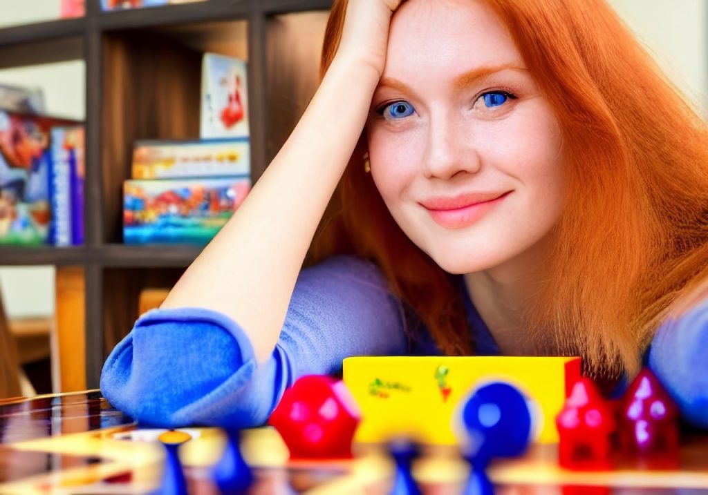 Eine Spieledesignerin sitzt mit ihrer Erfindung am Tisch und lächelt