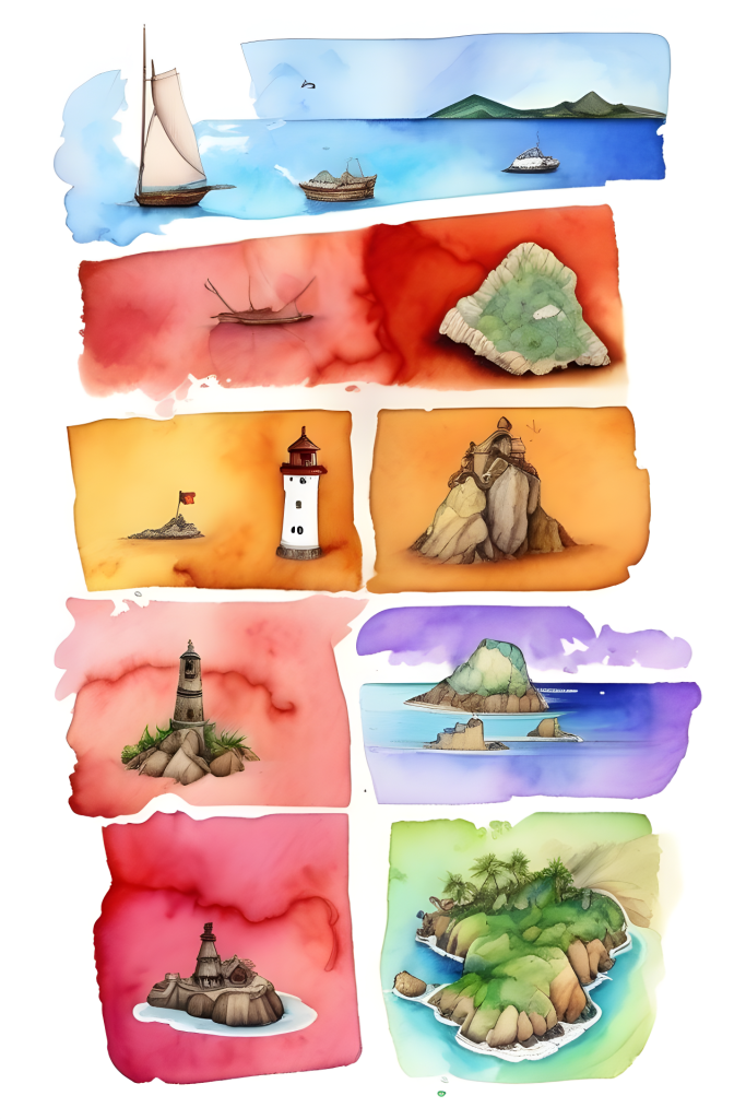 Aquarellbild mit verschiedenen Inseln darauf